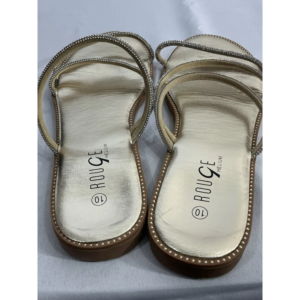 Womans Rouge Hellium Size 10 Gold Strappy Slip On Slides Rhinestones - Image 4