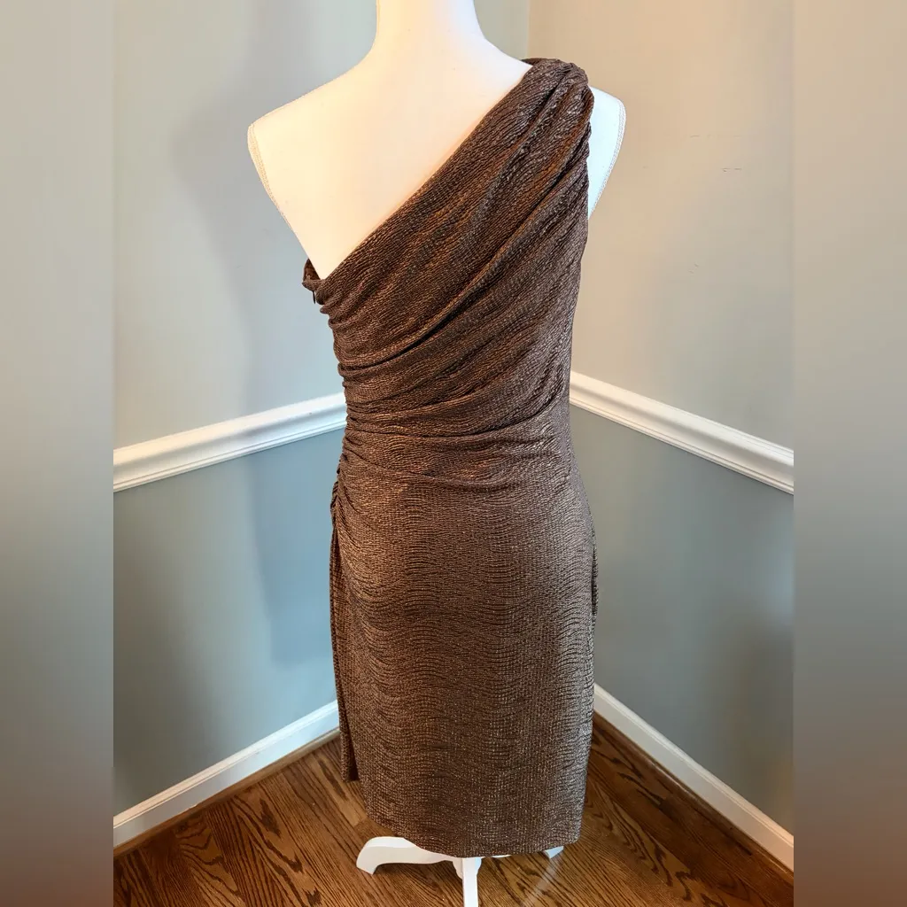 LAUREN Ralph Lauren Bronze Gold One-Shoulder Cocktail Dress – Size 10 - Image 3