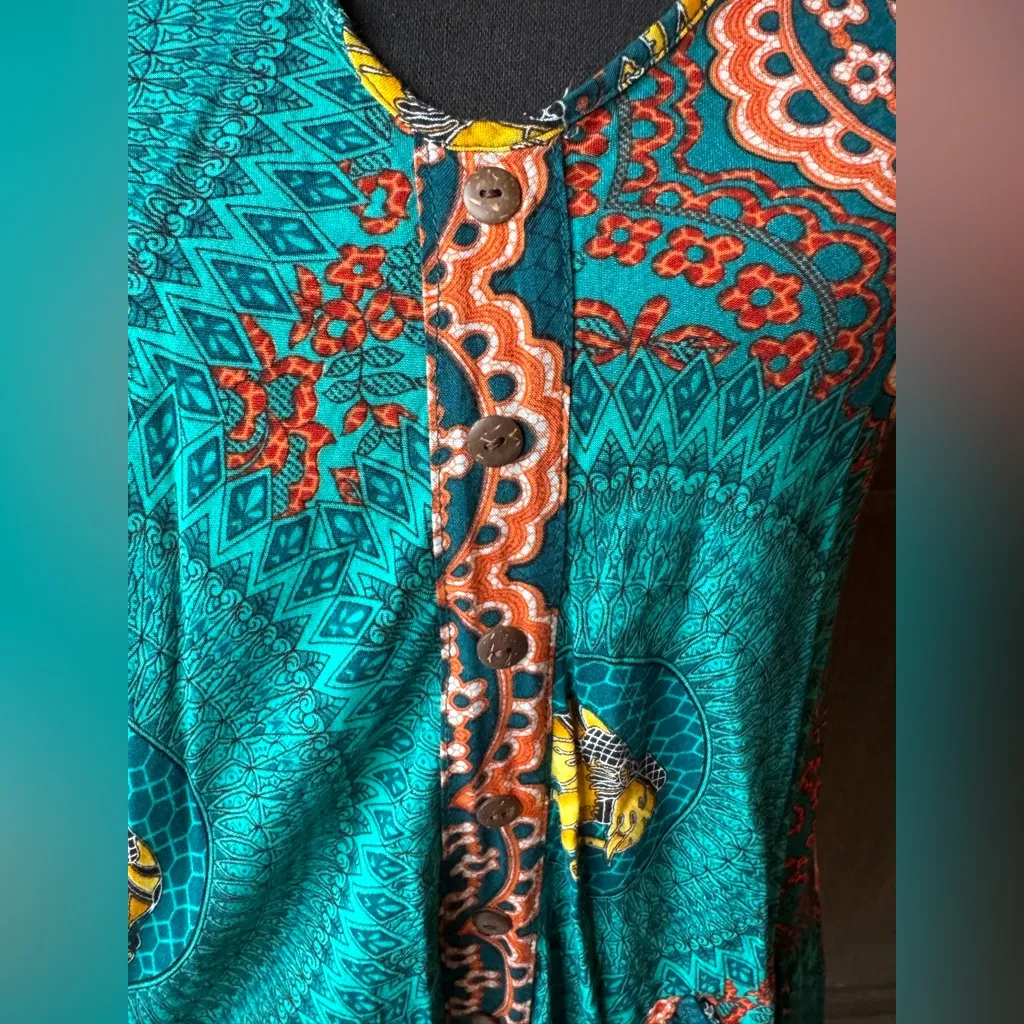 Sleeveless Teal and Orangehippe boho elephant Patterned Dress - Image 2