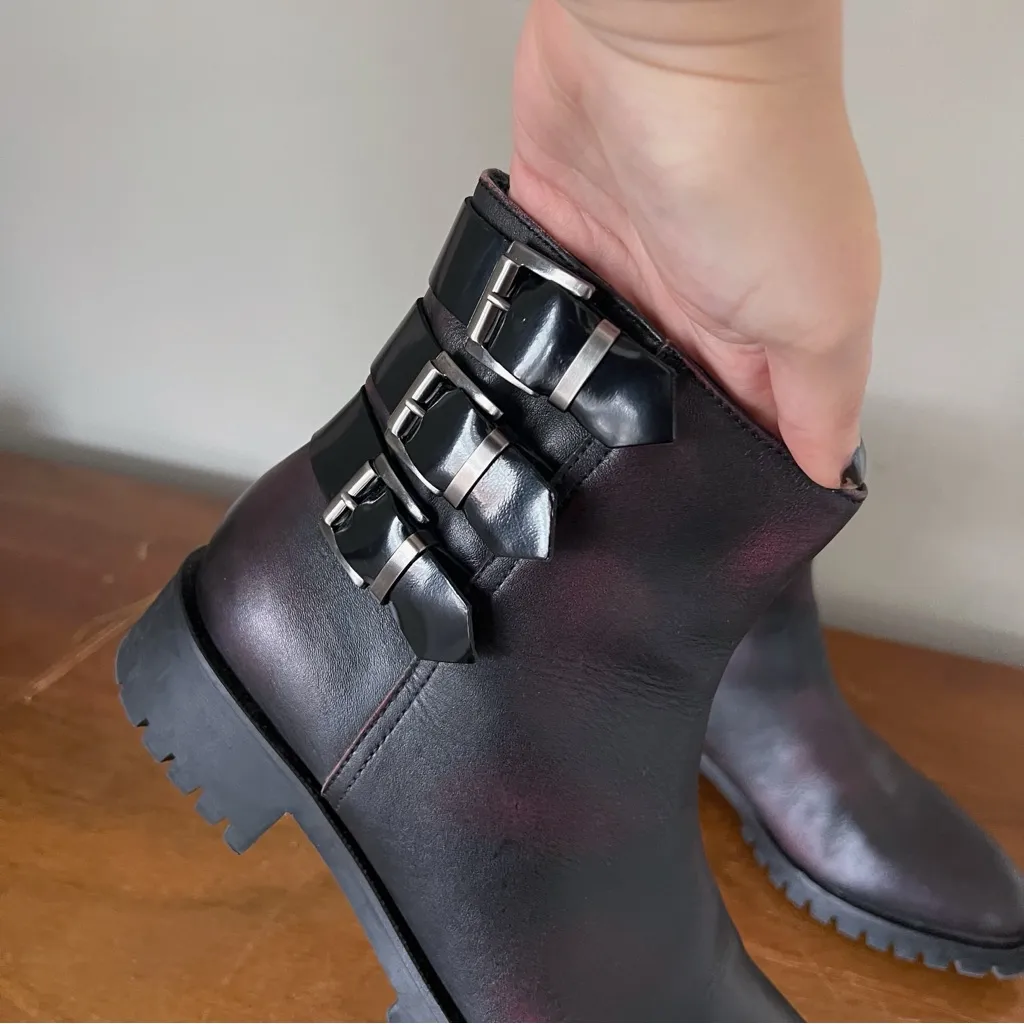 Napoleoni • buckled ankle boots combat moto platform black purple leather patent Size 7 - Image 4