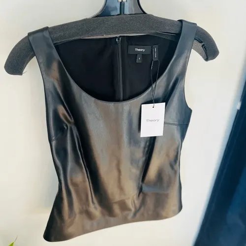THEORY Scoop Neck Faux Leather Tank Top, Black,‎ Small, (4/6), Designer, NWT - Image 2