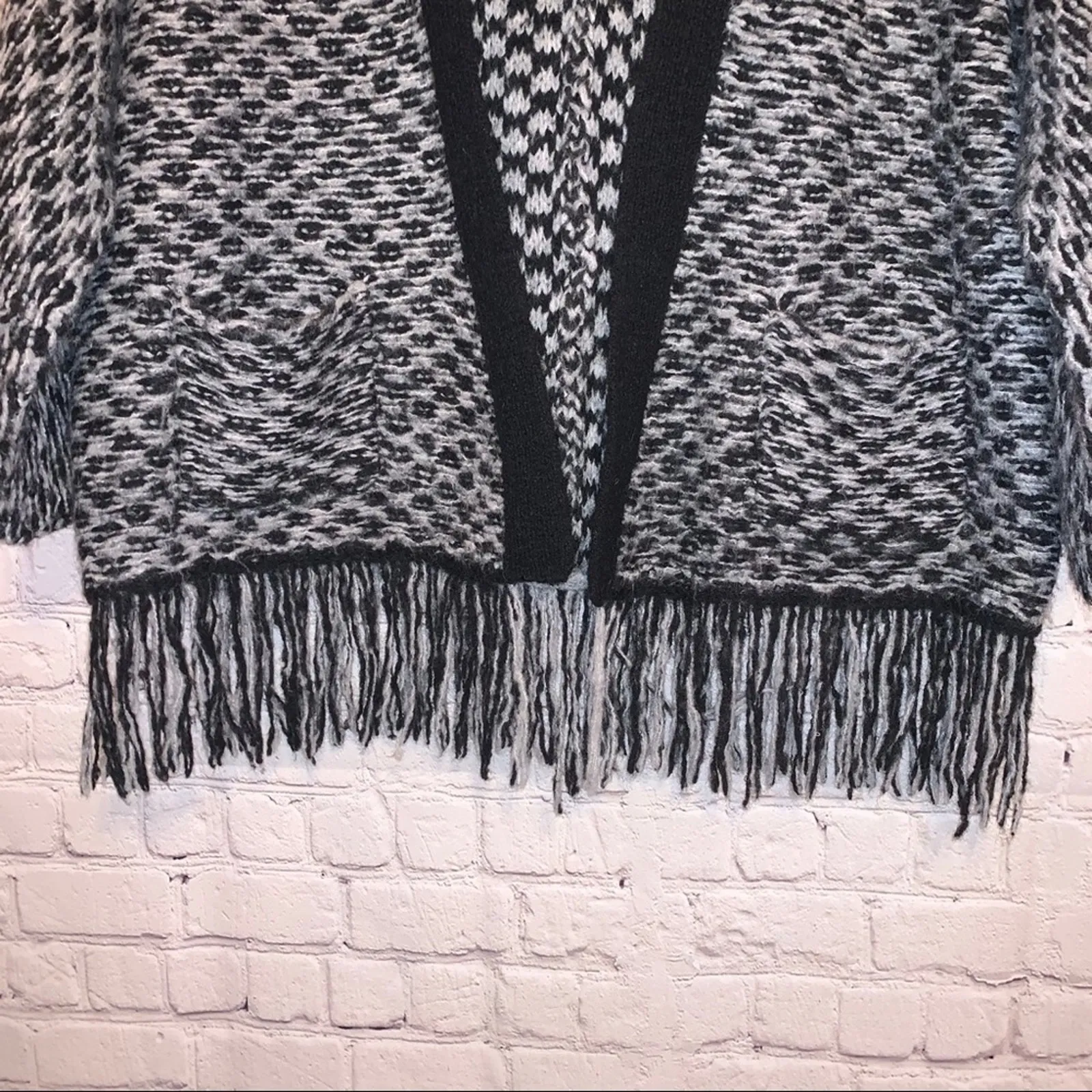 LOFT Black & White Wool Blend Open Front Cardigan With Fringe - Image 4