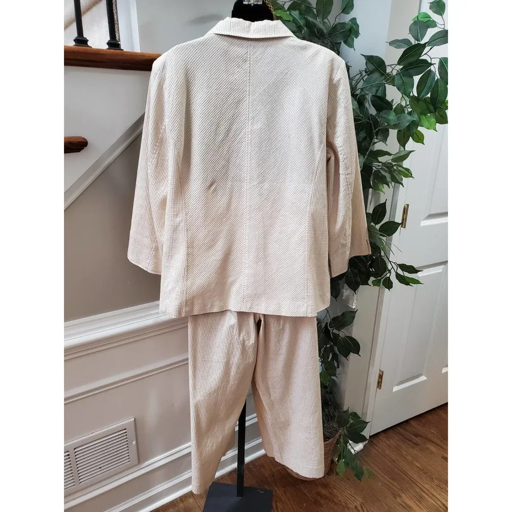 Susan Graver Women's Beige Cotton Single Breasted Jacket & Pant 2 Pc Suit Size L - Image 6