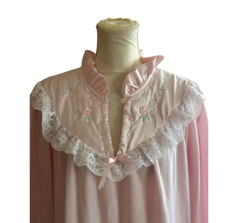 Vintage Pink Victorian Fleece Nightgown Lace Ruffle Collar Floral Embroidery L Size L - Image 5