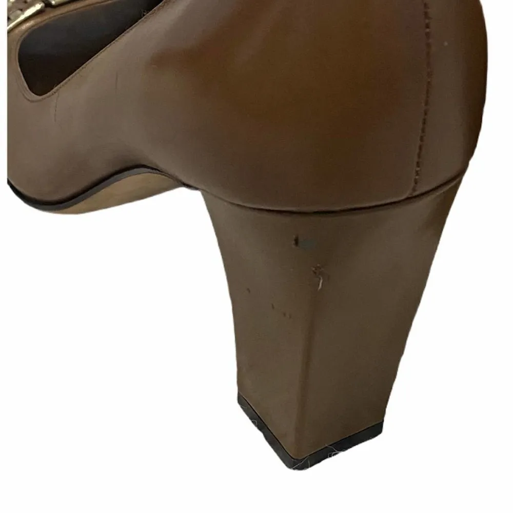 Tahari Bennett Bennett Peep Toe Block Heel Gold Metal Detail Leather Pumps Tan 9 - Image 7