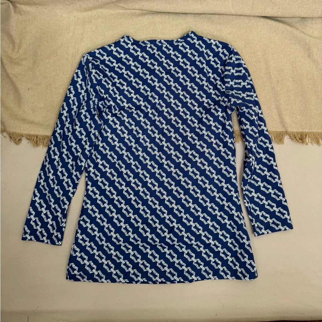 J. McLaughlin Blue and White Patterned 3/4 Sleeve Top Size XS Blue Geometric - Image 3