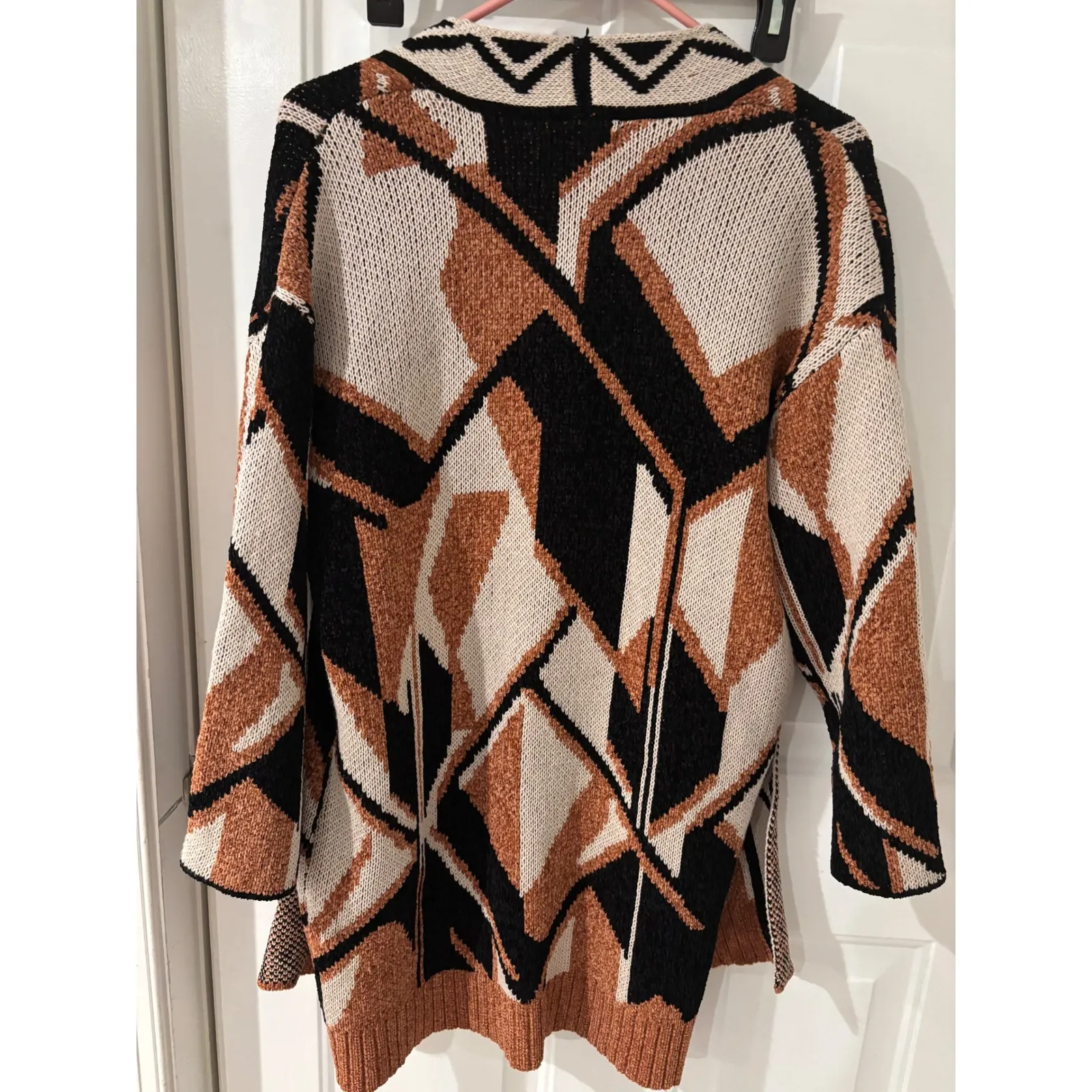Marled Open Front Geometric Knit Cardigan Boho Aztec Black Tan Cream Duster Size L - Image 6