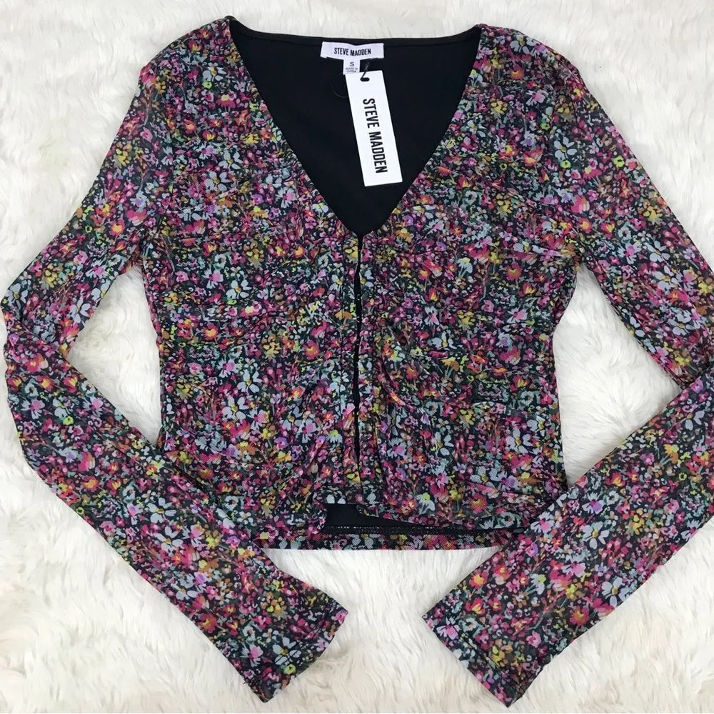 STEVE MADDEN Floral Mesh Long Sleeve Crop Top Hook And Eye Front Sz XS Small New - Image 5