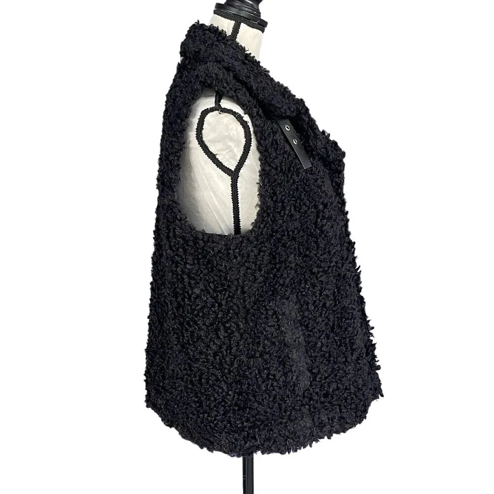 INC Large Faux Fur Vest Full-Zip Sleeveless Lined Pockets Collared Black New - Image 2