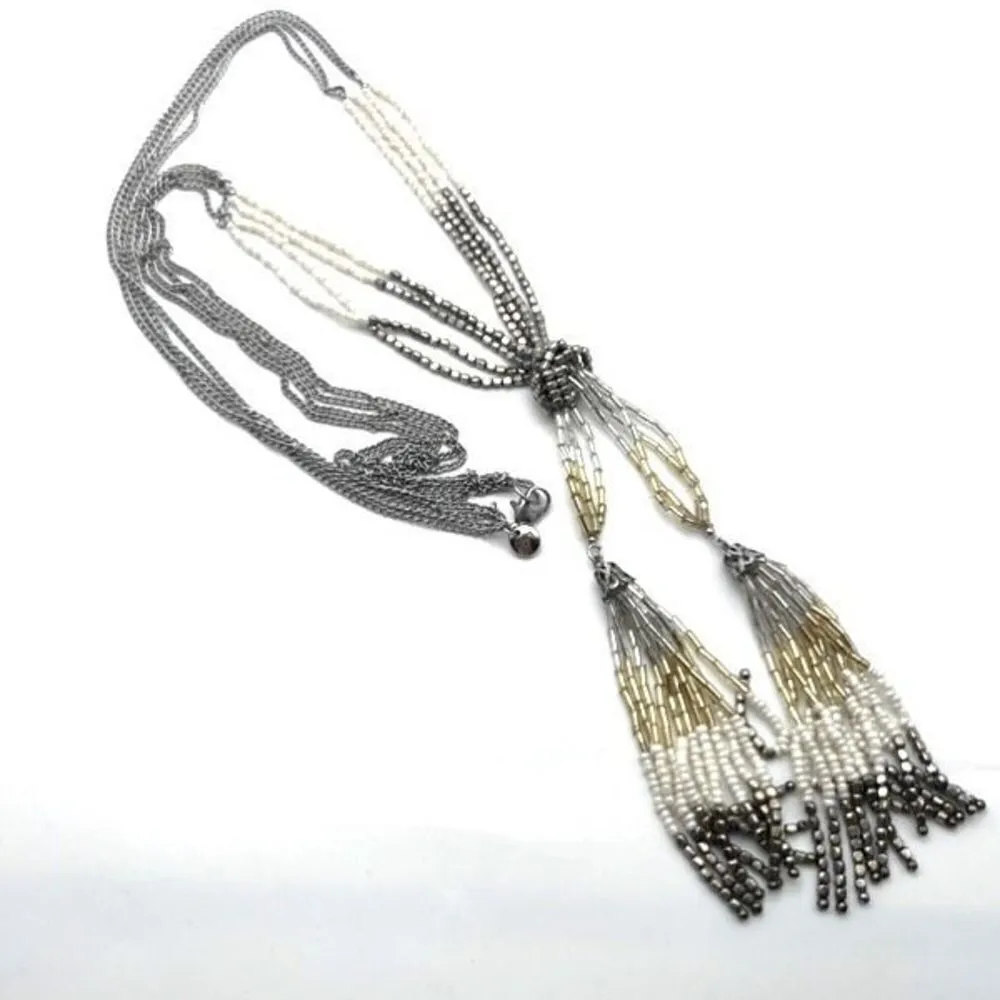 Loft‎ Beaded Fringe Long Layered Twisted Stunning Necklace Silver - Image 2