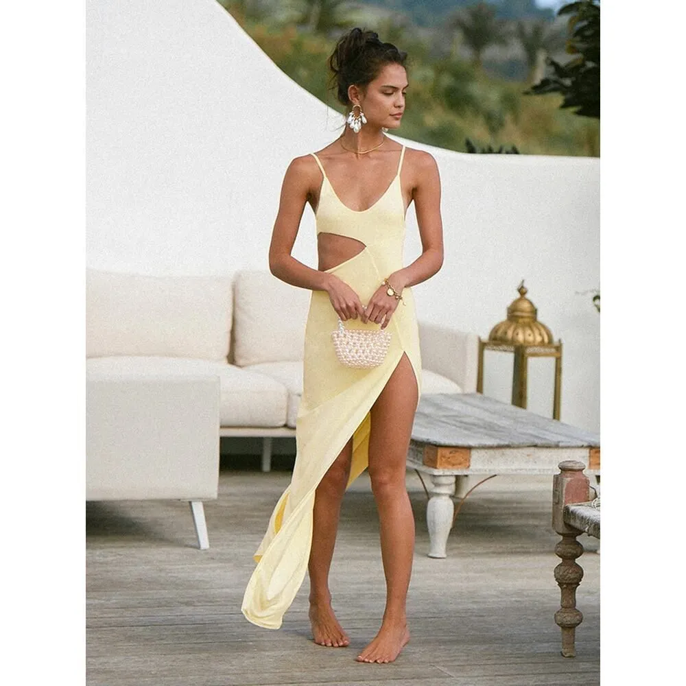 Commense Maxi Dress Women's Medium Yellow Asymmetrical Split Thigh Cutout Long - Image 14