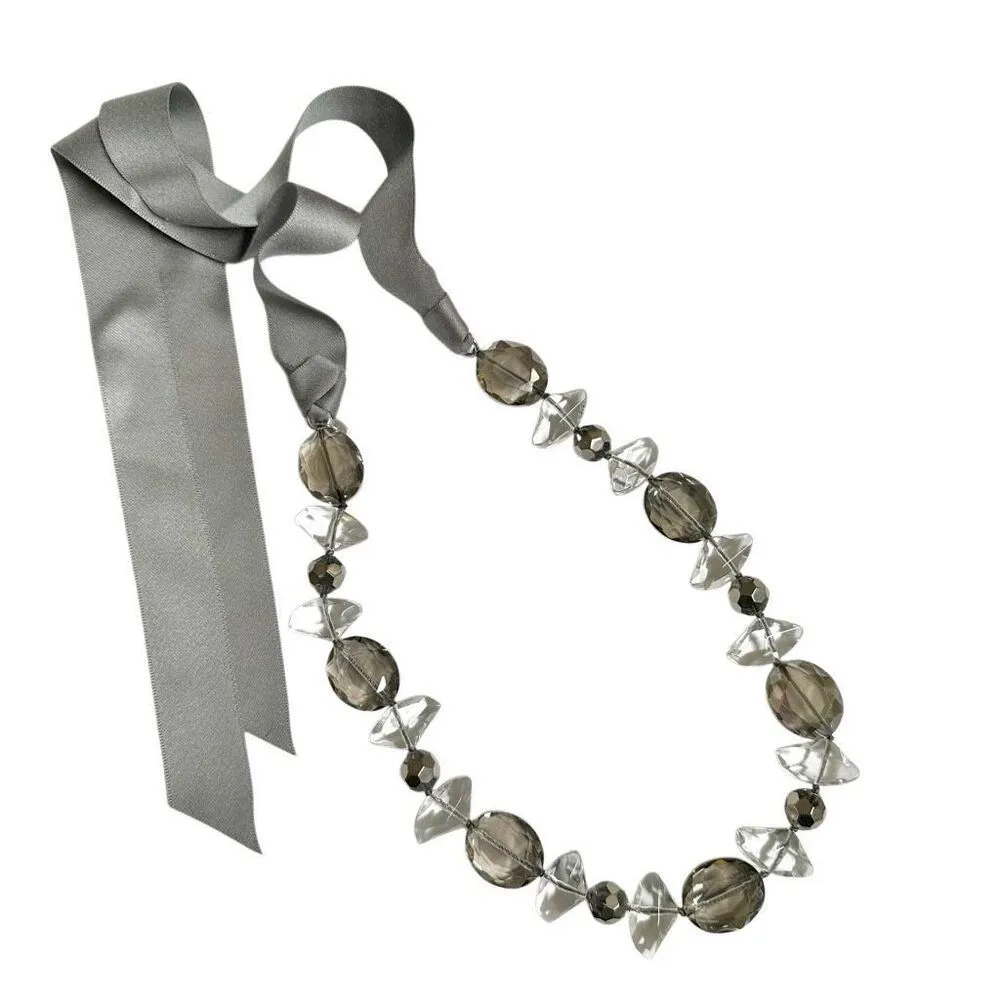 Stella & Dot Chloe Ribbon Tie Smokey Grey beaded Necklace - Image 8