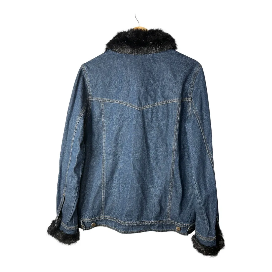 Dennis Basso Penny Lane Denim Jacket Faux Fur Trim Collar Cuff Women Size Medium - Image 6