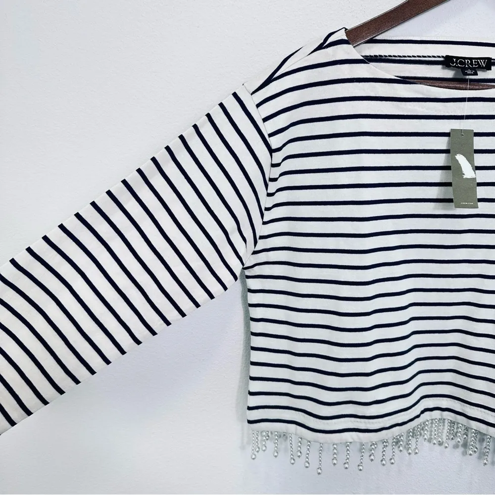 J. Crew Blouse Pearl Fringe Striped Long Sleeve Cropped‎ Top Feminine Size S NWT - Image 6