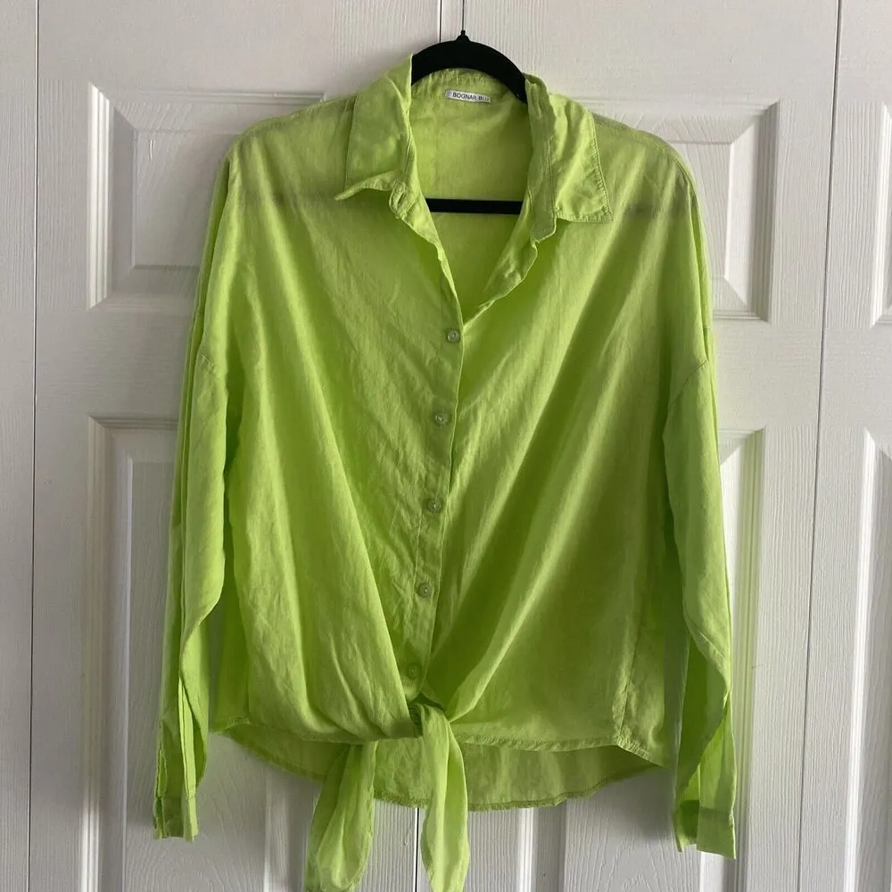 Bognar Blu Light Green Button Up Tie Front Lagenlook Casual Beach Vacation Size L - Image 2