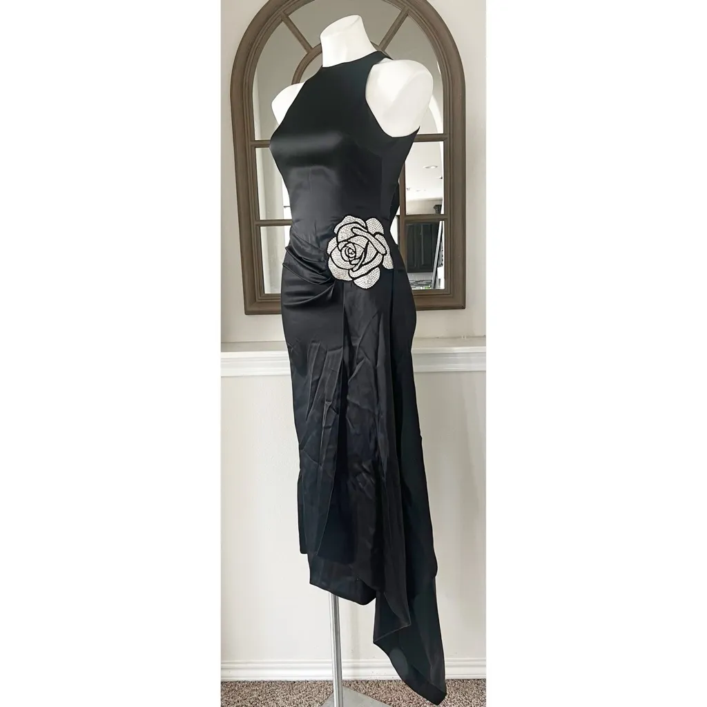 David Koma Crystal Embellished Asymmetric Satin Scarf Dress, Size US 2, UK 6 NEW Black - Image 3
