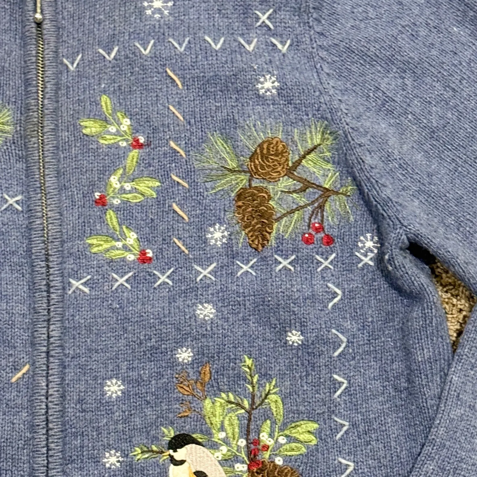 VTG Croft & Barrow Navy Cardinal Embroidered Zip Up Cardigan Sweater Womens XL - Image 4