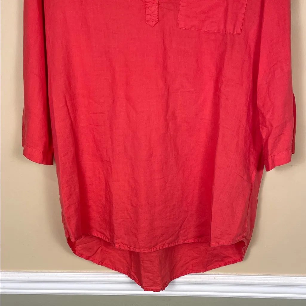 Saint Tropez West Women’s Linen Blend Coral Red Split Neck Hi-Low Tunic Blouse - Image 3
