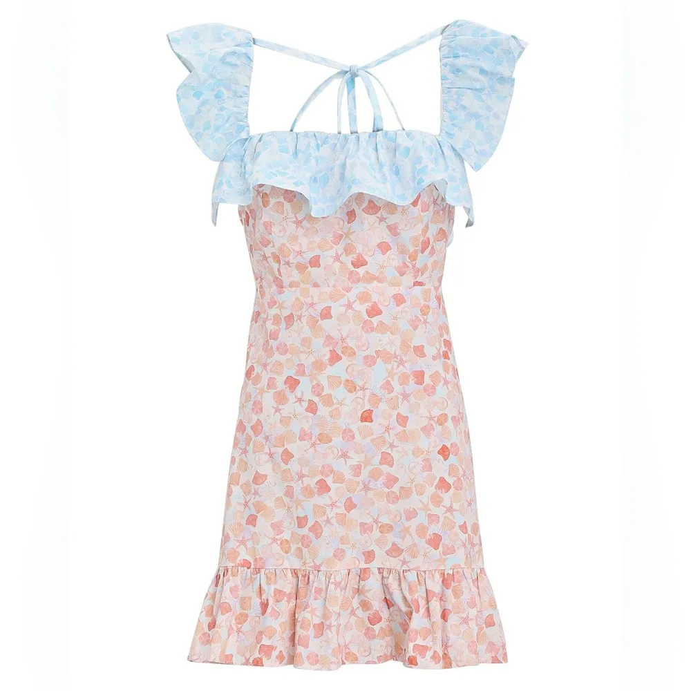 NWT RIXO Kai Abstract Print Ruffle Pastel Pink Blue Square Neck Mini Dress US 6 - Image 73