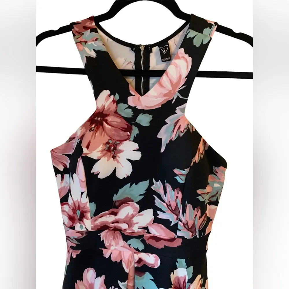 Windsor Black Floral High Neck Mini Flare Skater Bandage Silhouette Dress - Image 6
