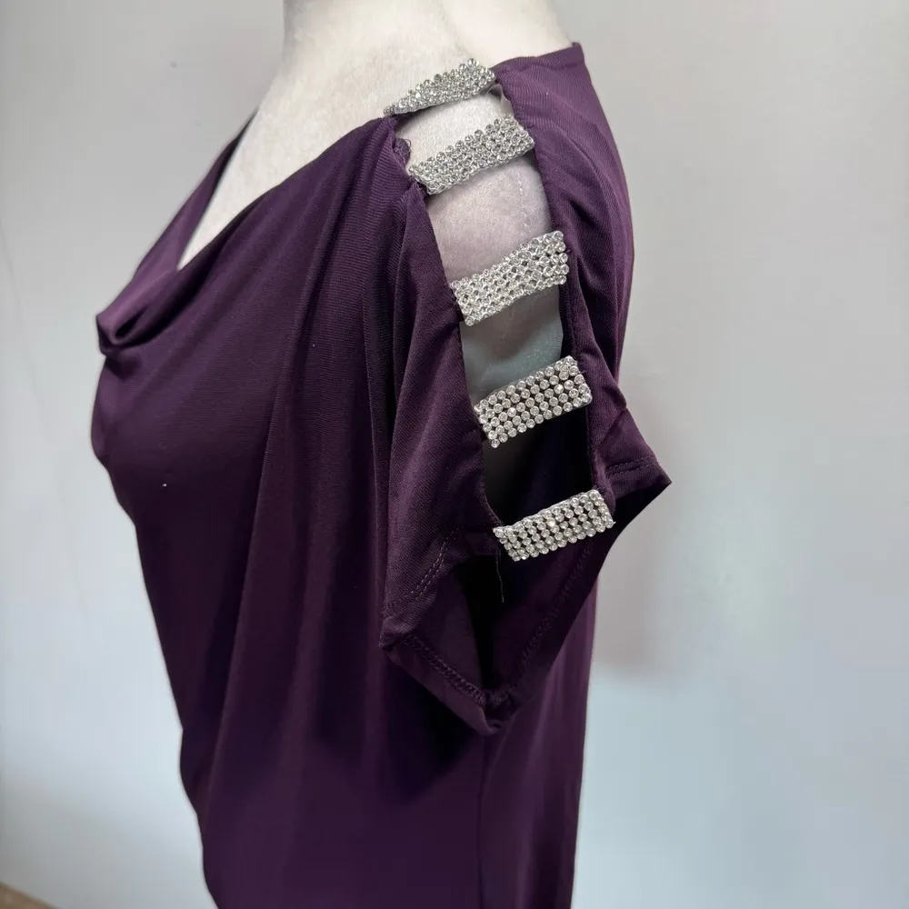 MSK Eggplant Purple Draped Neck Tunic Top with Rhinestone Detail Short Sleeves Size L - Image 5