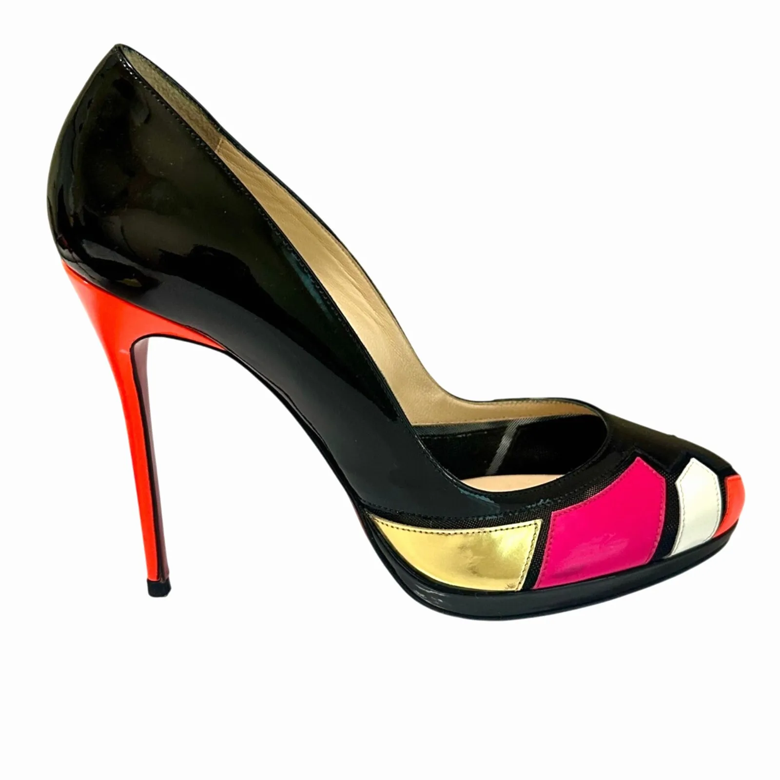 Christian Louboutin Astrogirl Patent Colorblock Heels Black Pink Gold 38 - Image 5