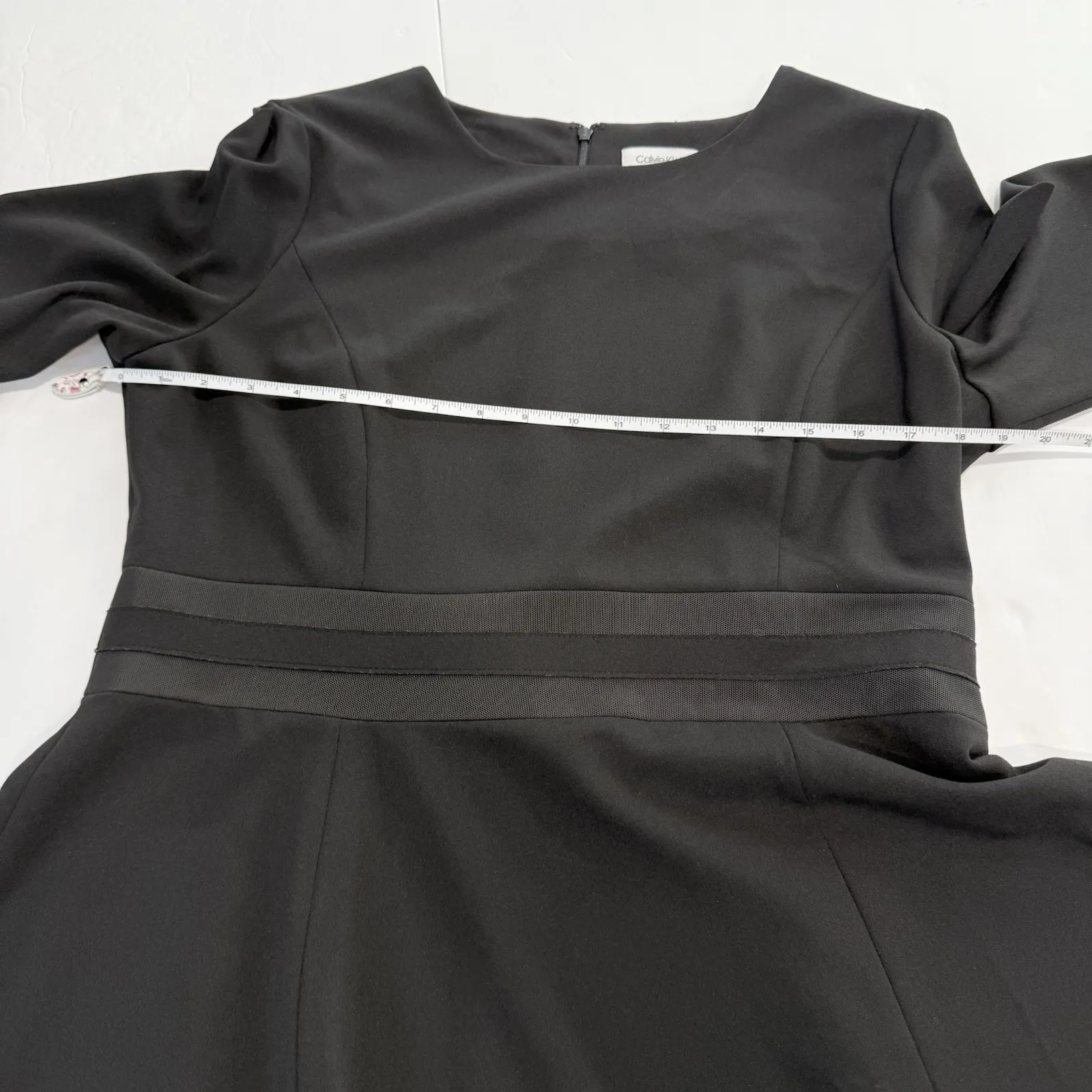 Calvin Klein Black Mesh Illusion Hem Flare Short Sleeve Crepe Dress Size‎ 14 - Image 9