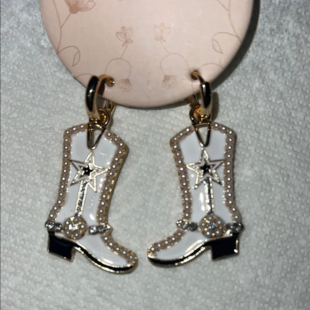 Serefina White and Black Cowboy Boot Earrings w/ Pearls!! - Image 3