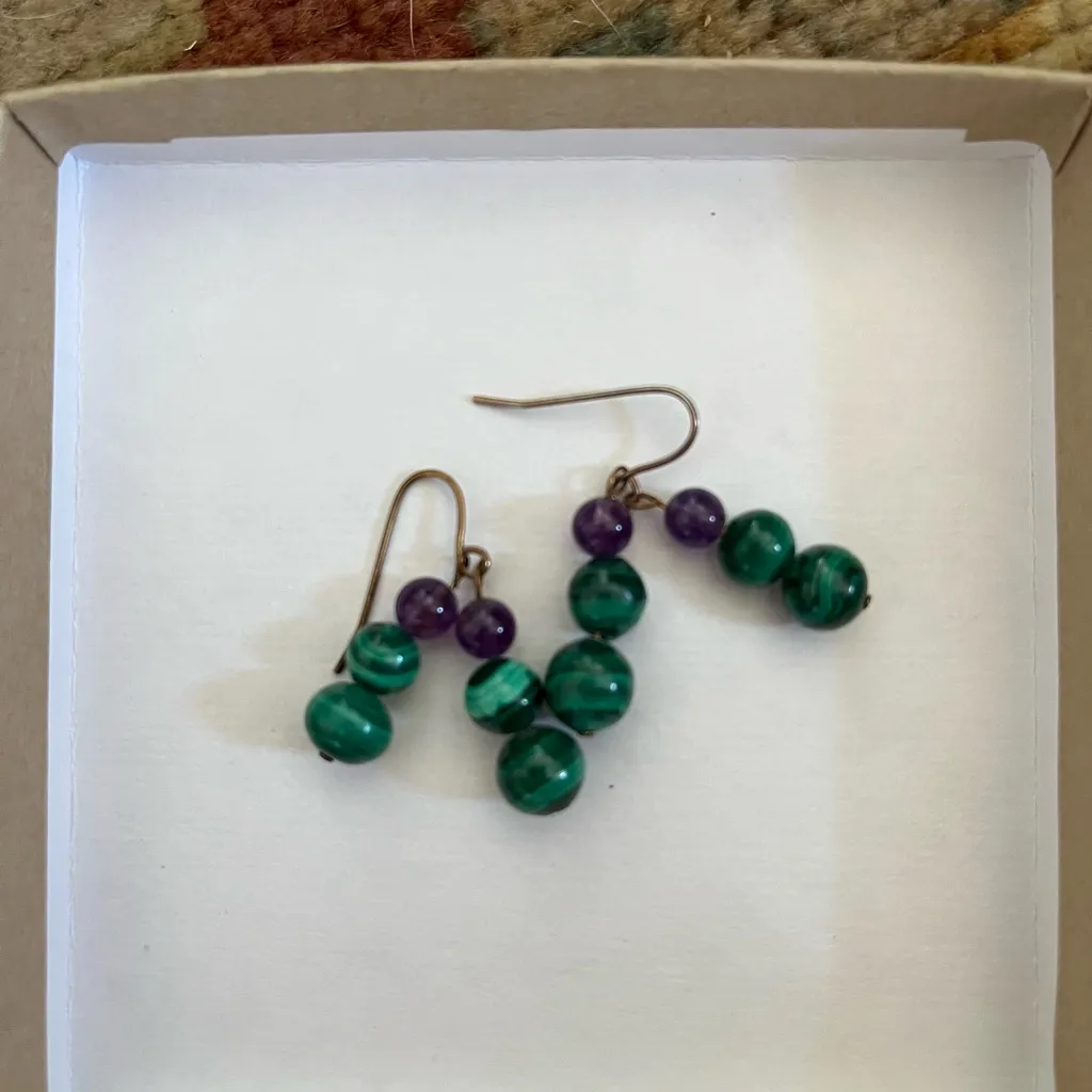 Vintage Green and Purple Beaded Earrings - Image 3