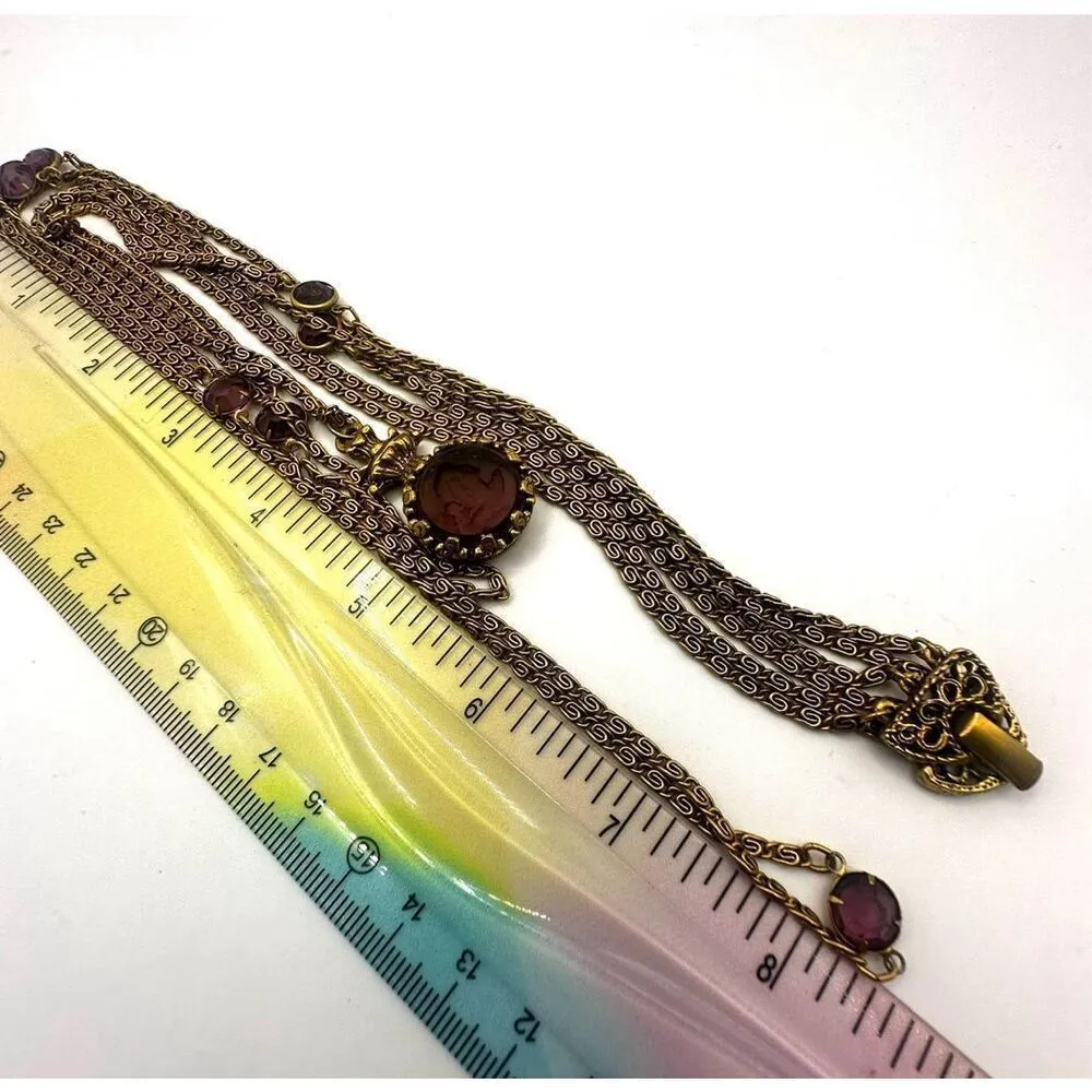 Goldette gold tone multi strand vintage purple cameo glass pendant necklace - Image 8