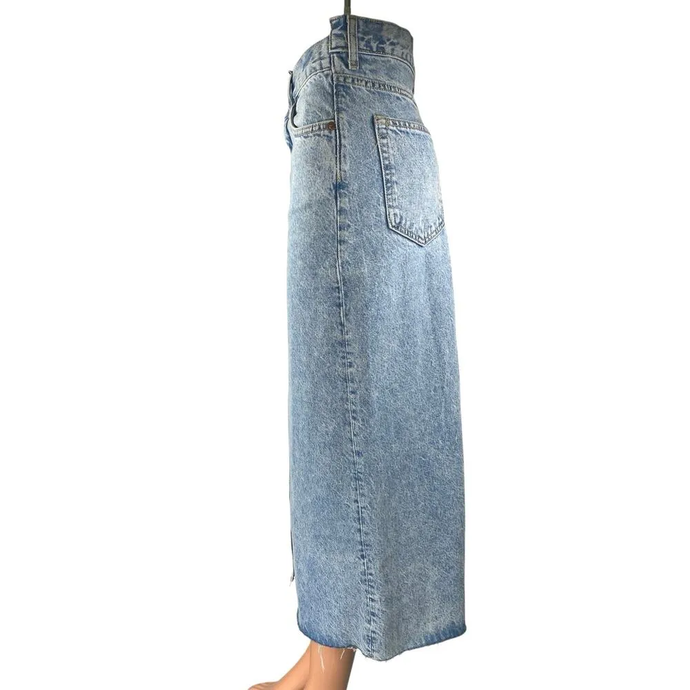 MNG Mango Blue High Waisted Slit Maxi Straight Pencil Denim Jeans Skirt Size XS - Image 2