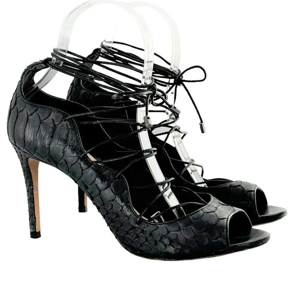 Alexandre Birman Donna Black Python Textured Leather Lace Up Heels Size 38 - Image 2