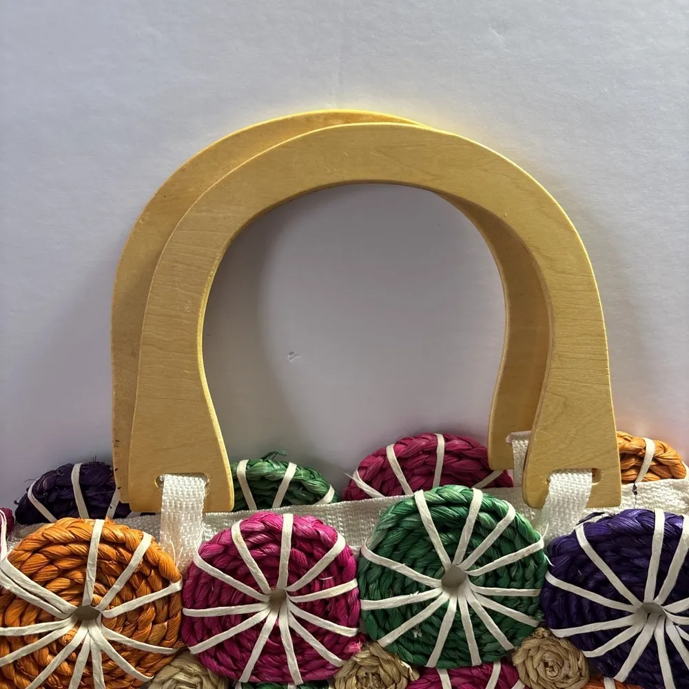 Woven Corn Husk Market Basket Purse Bag Tote Wooden Handle Boho Grandma Core - Image 4