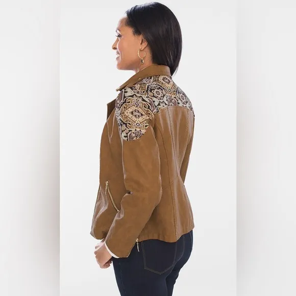 Chico’s Petite Faux-Leather Jacquard Moto‎ Jacket Size Small Southwestern - Image 2