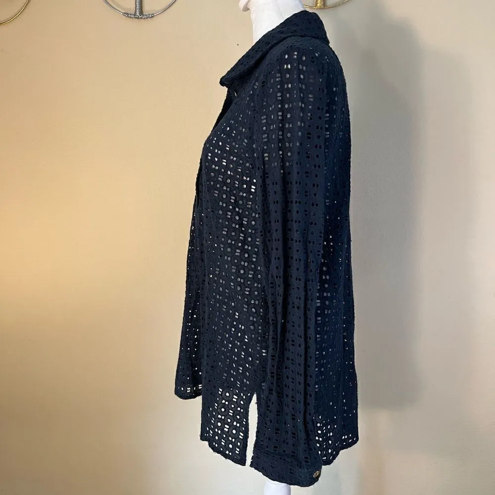 C Wonder Navy Blue Eyelet Crochet Open Knit Button Neckline Pullover Top Med Blue - Image 2