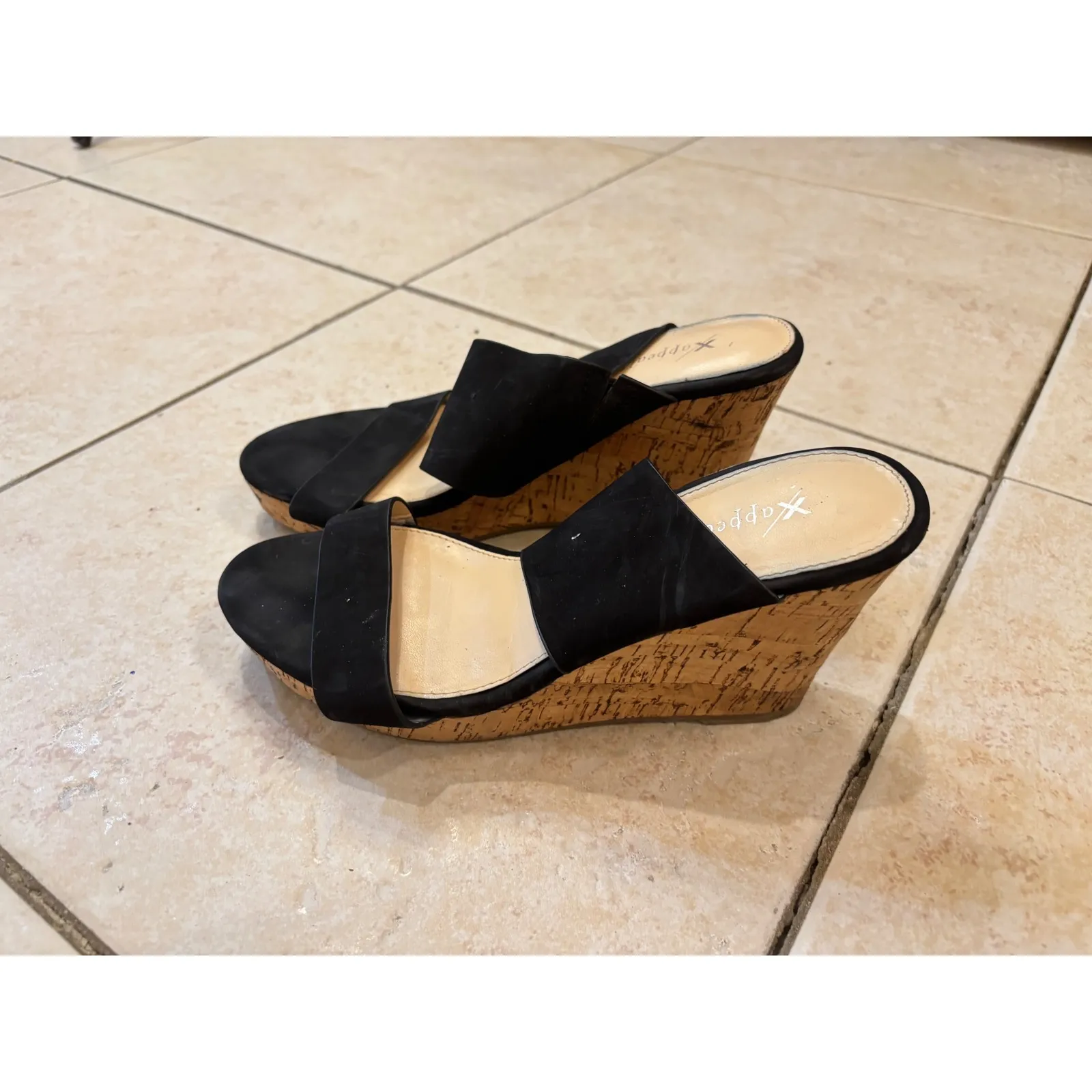 X Appeal Black Suede Cork Wedge Heel Slide Sandals Size 9‎ - Image 2