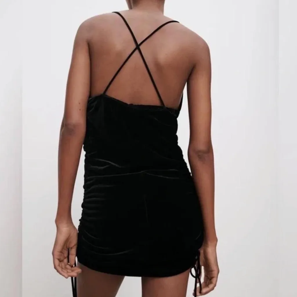 MOVING SALE Zara Black Cowl Neck Side Ruched Velvet Dress - Image 2