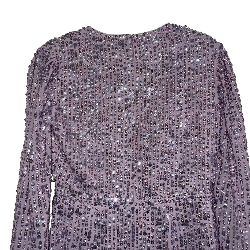 NEW NWT  Purple Sequin Illusion Puff Sleeve V Neck Midi Dress Lavender - Image 9