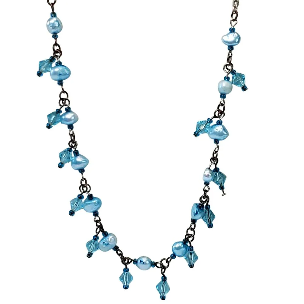 Fresh Water Pearl Necklace Blue Rhinestone Silver Tone 18" Vtg - Image 6