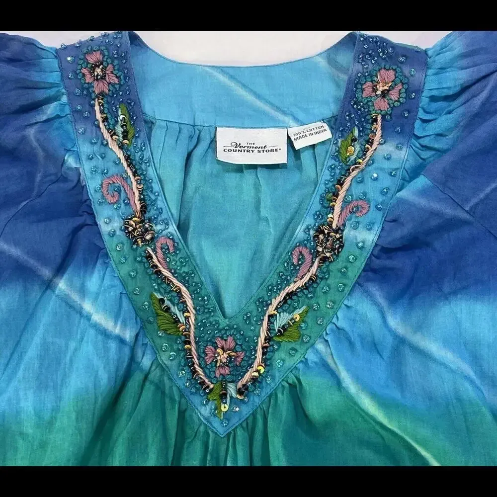 Vermont Country Store Colorful Boho MIDI Beaded Embroidered Lined Gown Medium - Image 4