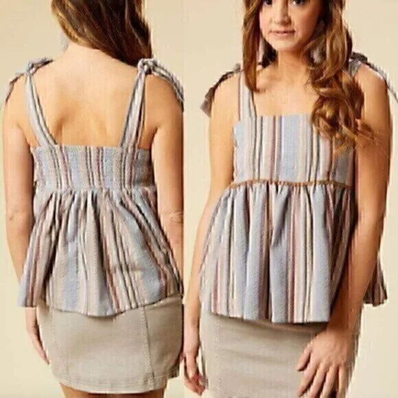 ALTAR'D STATE Ellery Top Blue Peach Multi Striped Tie Strap Peplum Tank Blouse S - Image 2