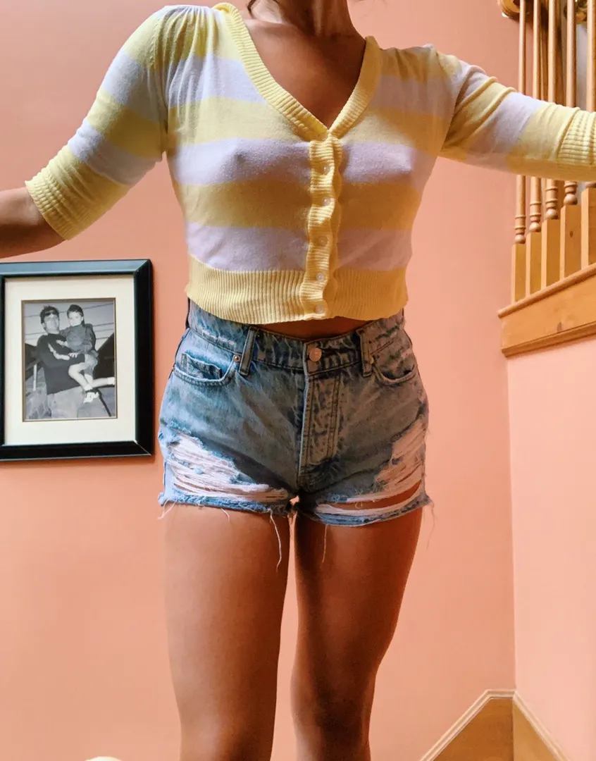 Yellow And White Striped Cropped Sweater Top - Image 2