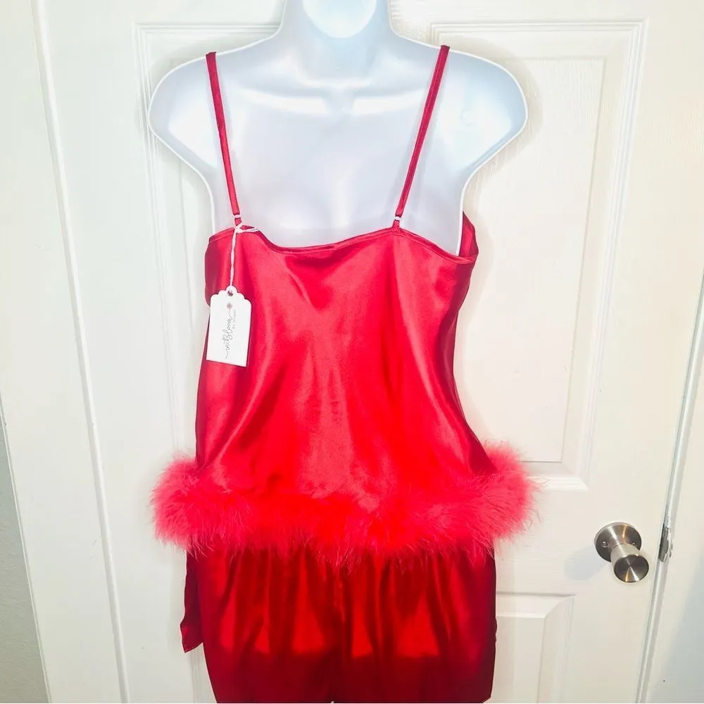 In Bloom Jonquil Nayeli Marabou Feather Trim Satin Camisole Shorts Pajamas M NWT Red Size M - Image 9