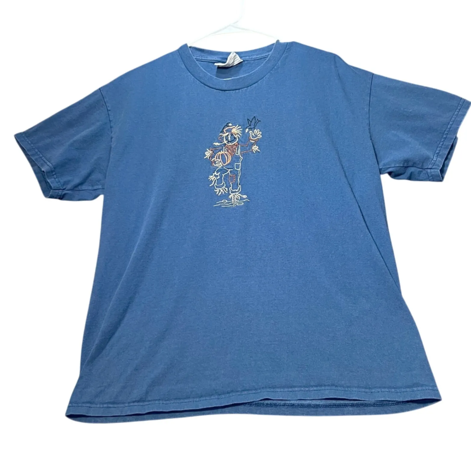 Lee Vintage Scarecrow Pumpkin Embroidered T Shirt Womens Large Blue Autumn Fall - Image 2