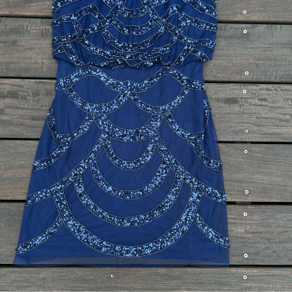 Blue Aidan Mattox Mesh Sequin Beaded Blouson Mini Dress - Image 2