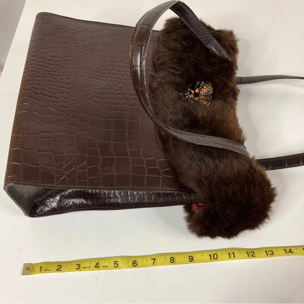 BHS British Home Store | Brown Faux Crocodile Fur Trim Handbag - Image 13