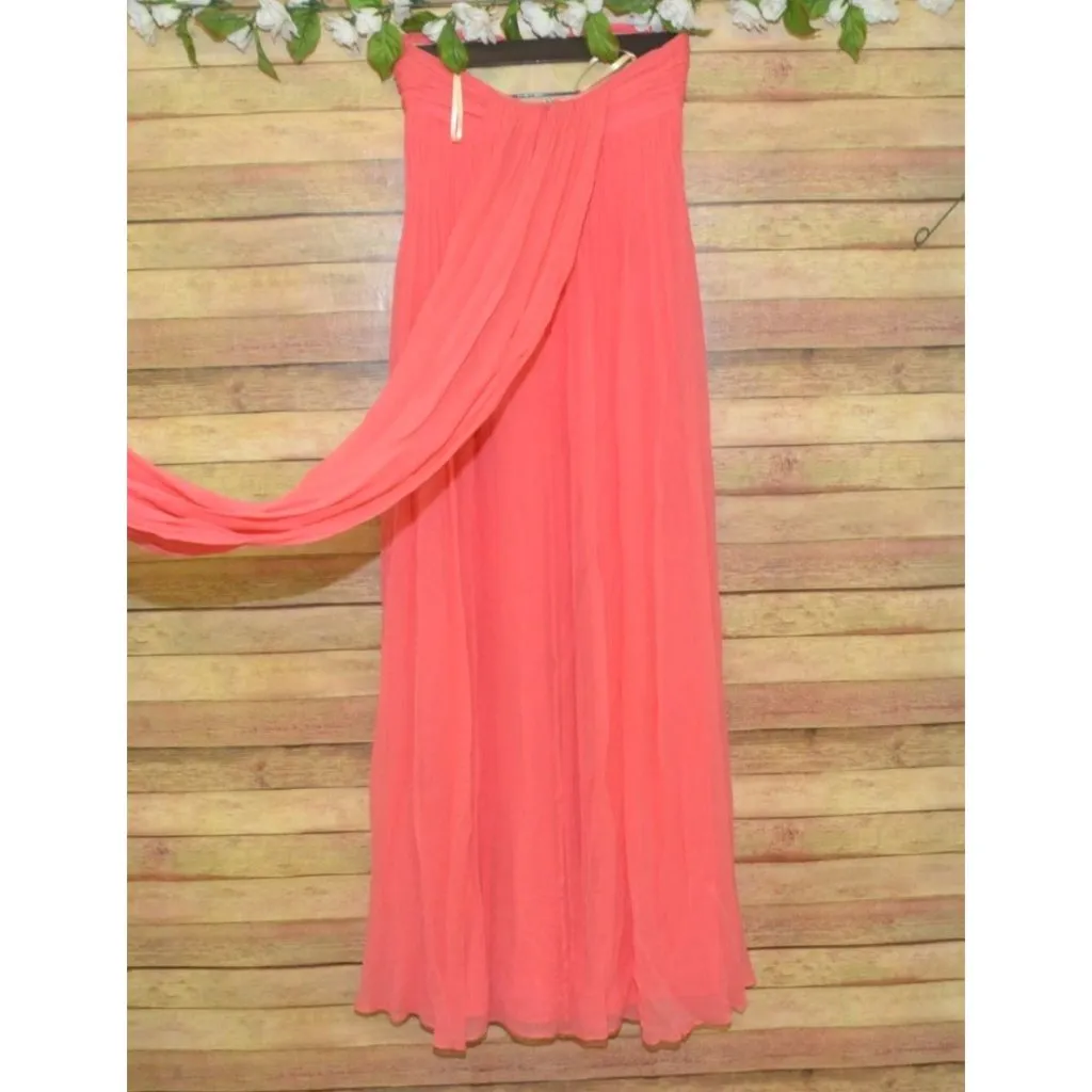 Halston Heritage Chiffon Peach Maxi Dress Womens 2 Silk Strapless Evening Prom - Image 8