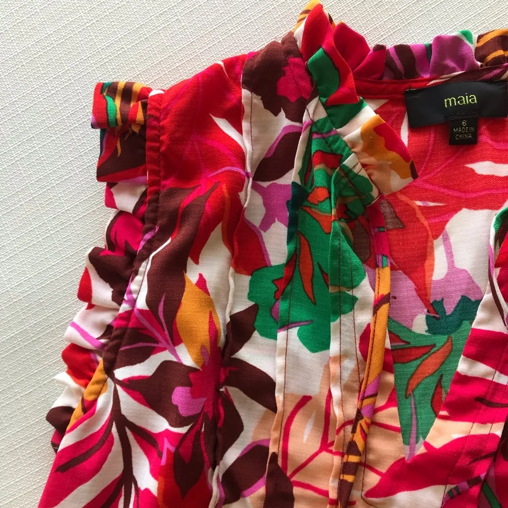 Maia  Tropical Red Floral Ruffle Babydoll Dress - Image 4