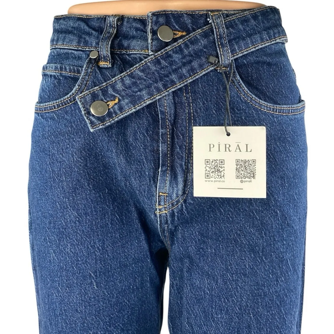 NEW Piral Women's Blue High Waisted Cross Belt Straight Denim Jeans Size M Size M - Image 4