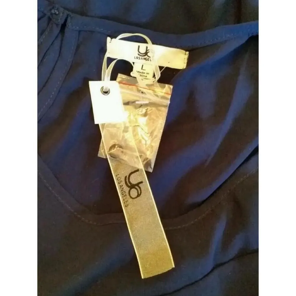 Navy Blue Chiffon Dress Scalloped Mesh Top Modcloth Ya Los Angeles Large NEW - Image 5